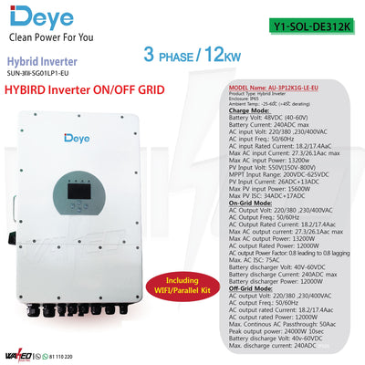 DEYE INVERTER - 3PHASE/12KW - HYBRID ON/OFFGRID - INCLUDING WIFI/PARALLEL KIT