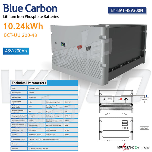 Lithium Iron Phosphate Battery - 200AH/48V 10.24kw - Blue Carbon – Waked  Electronics