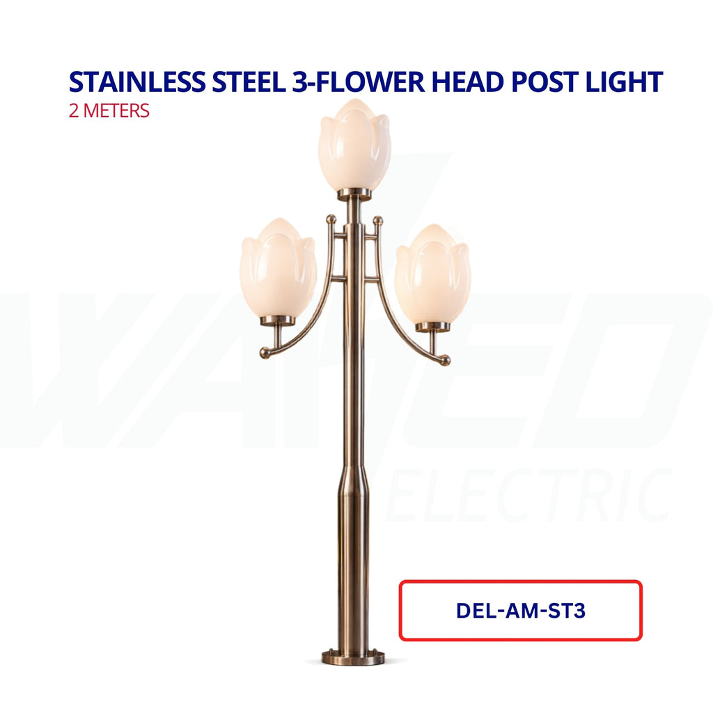 Stainless Steel 3-Flower Head Post Light – 2 Metres