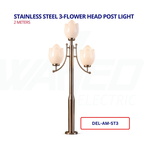 Stainless Steel 3-Flower Head Post Light – 2 Metres