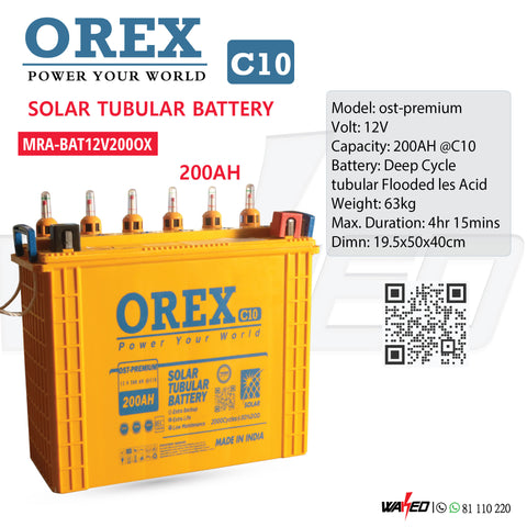 Solar Tubular Battery - 12V 200A - C10 - OREX