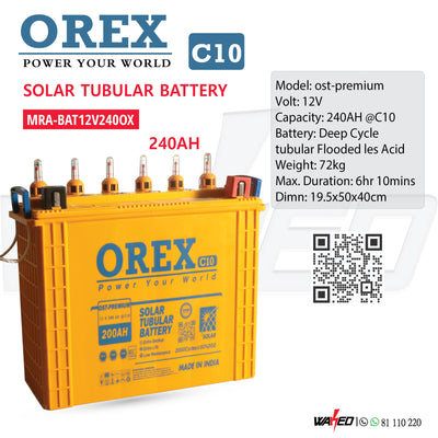 Solar Tubular Battery - 12V 240A - C10 - OREX