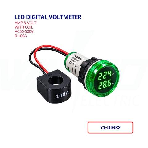 Led Digital Voltmeter - Amp & Volt - Green - With Coil