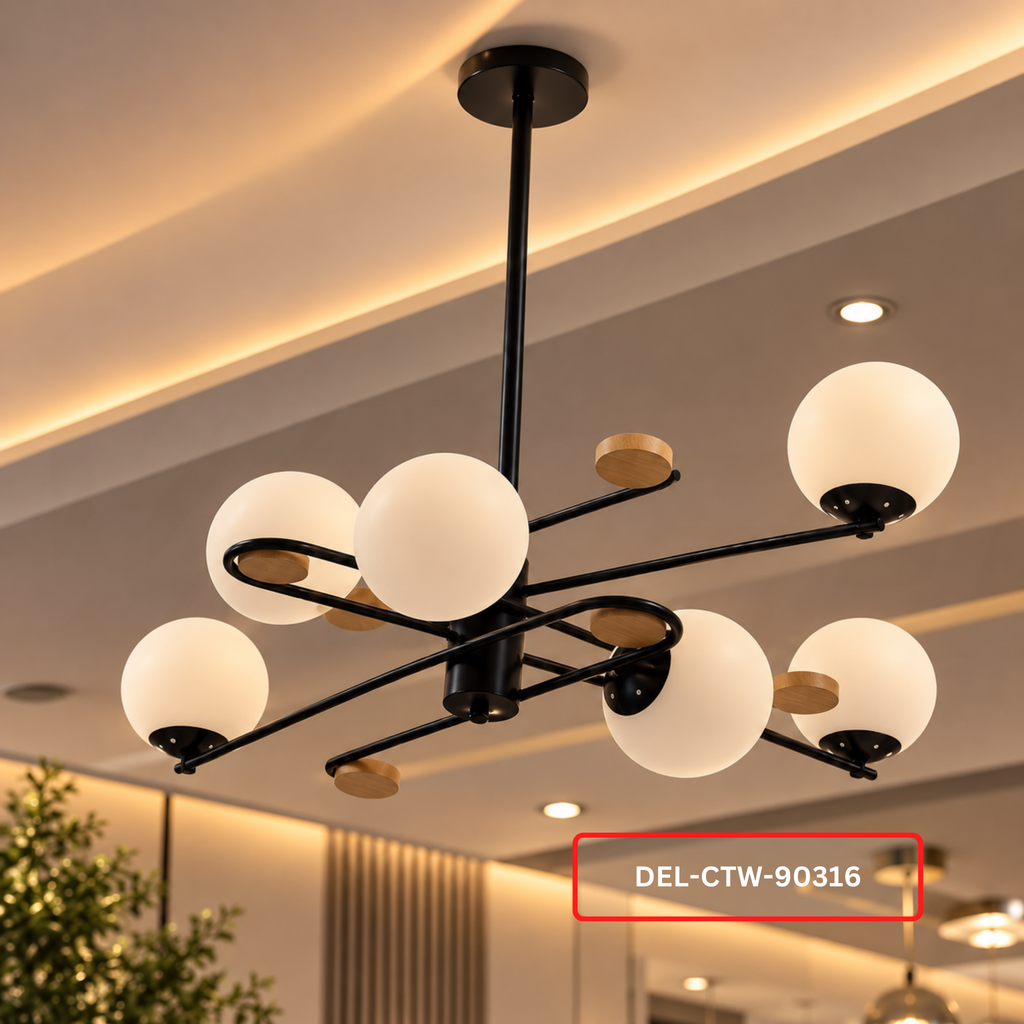 Modern Six-Globe Chandelier – Black with Wood-Tone Accents