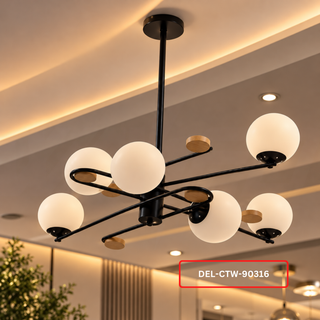 Modern Six-Globe Chandelier – Black with Wood-Tone Accents