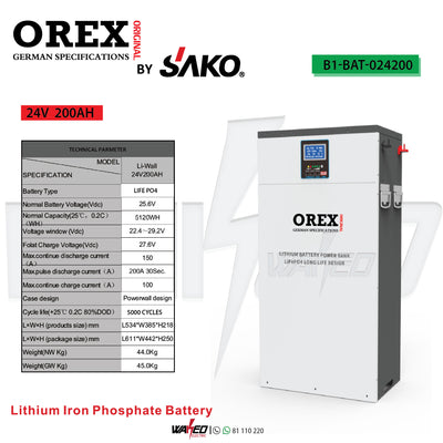 Lithium Iron Phosphate Battery - 24V 200A - OREX BY SAKO