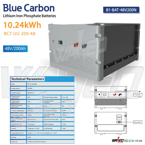 Lithium Iron Phosphate Battery -  BCT-UU 200a/48v 10.24kw - BLUE CARBON