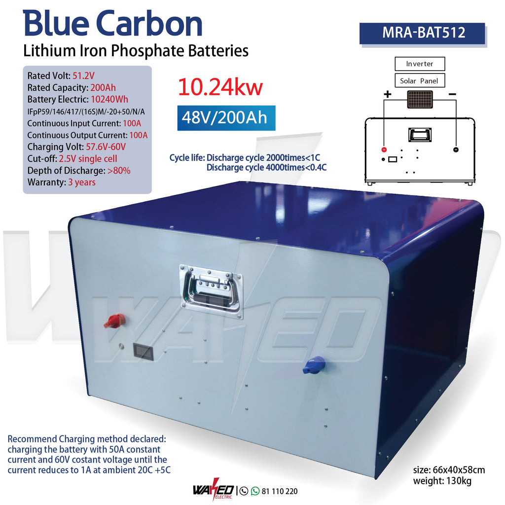 Lithium Iron Phosphate Battery - 200AH/48V 10.24kw - Blue Carbon – Waked  Electronics